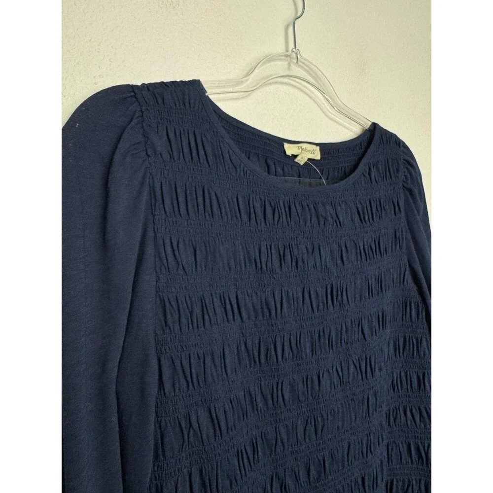 Madewell Large Smocked Boatneck Top Midnight Navy Cotton Puff Sleeves Ruffle NWT